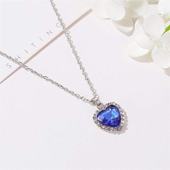 3/$35 Blue Heart Silver Chain Pendant Charm Necklace Crystal Gemstone Women - Picture 5 of 7